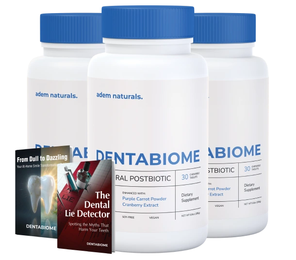 Denta Biome tablet supplement bottles supporting oral health and fresh breath